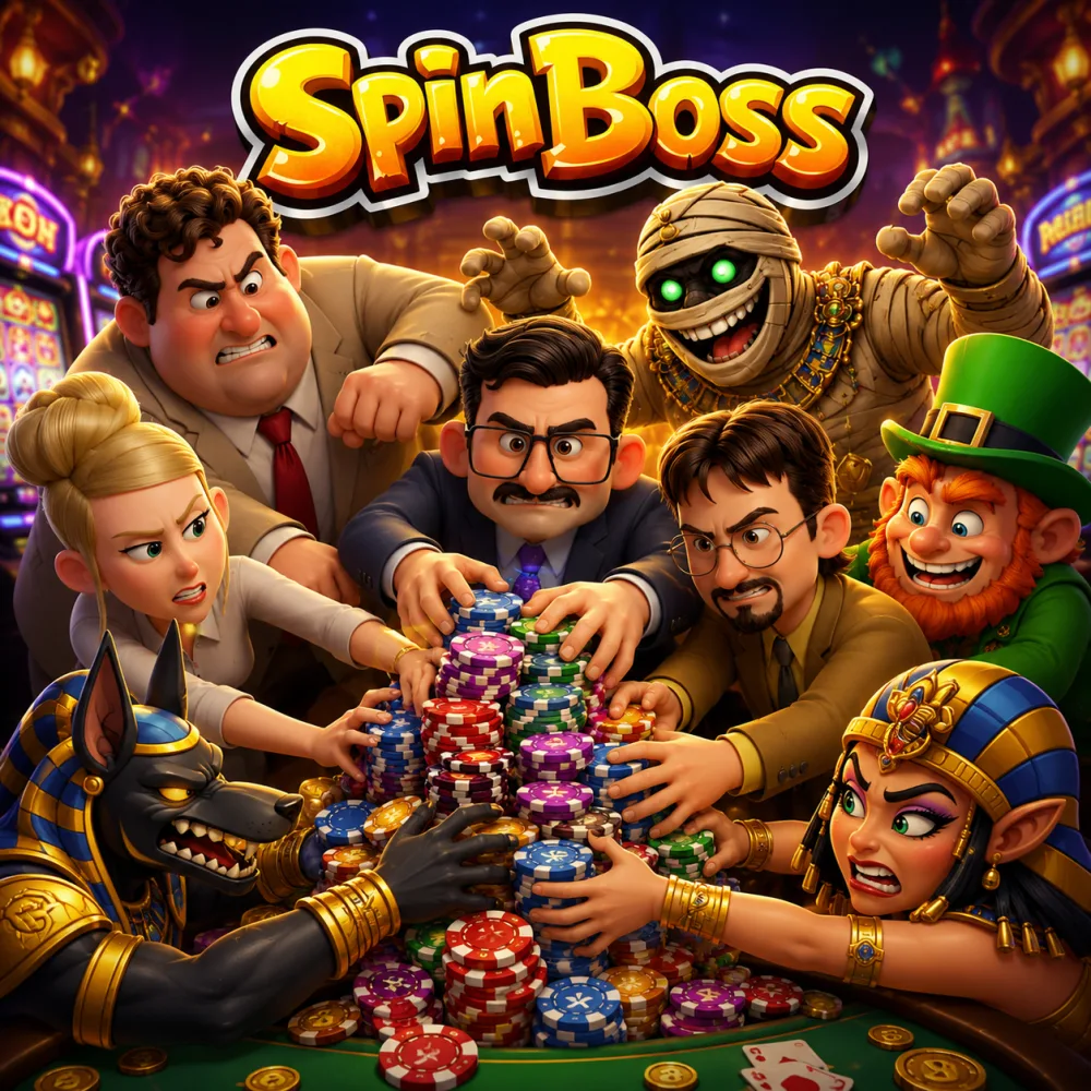 The whole SpinBoss crew grabbing for a mountain of chips